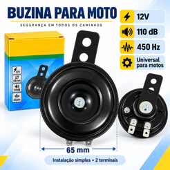 Buzina De Moto Universal 12V 110dB Som Forte 65mm 2 Fios Plug Play
