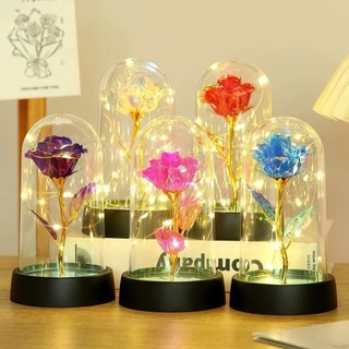 Rosa Decorativa com LED em Cúpula Acrílica 15cm – Flor Eterna Iluminada para Presente