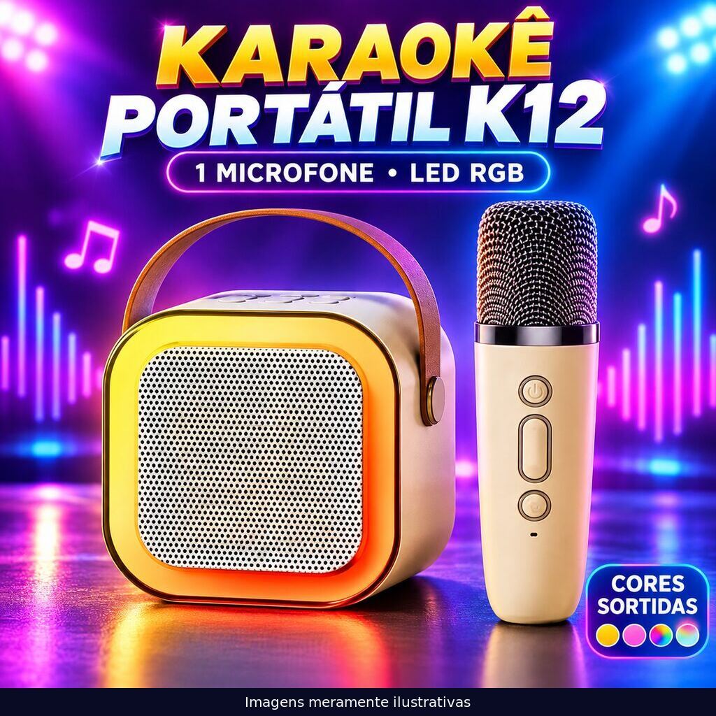 Caixa de Som Bluetooth Karaokê K12 com Microfone Sem Fio LED RGB Portátil