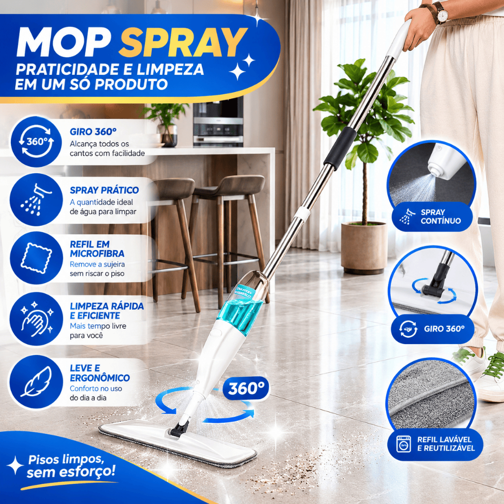 Mop Spray Rodo com Microfibra e Reservatório – Esfregão para Limpeza de Piso