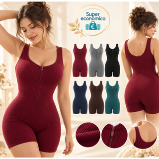 Macaquinho Feminino Fitness Canelado com Zíper Frontal Sem Mangas Modelador Elasticidade Alta Academia Yoga