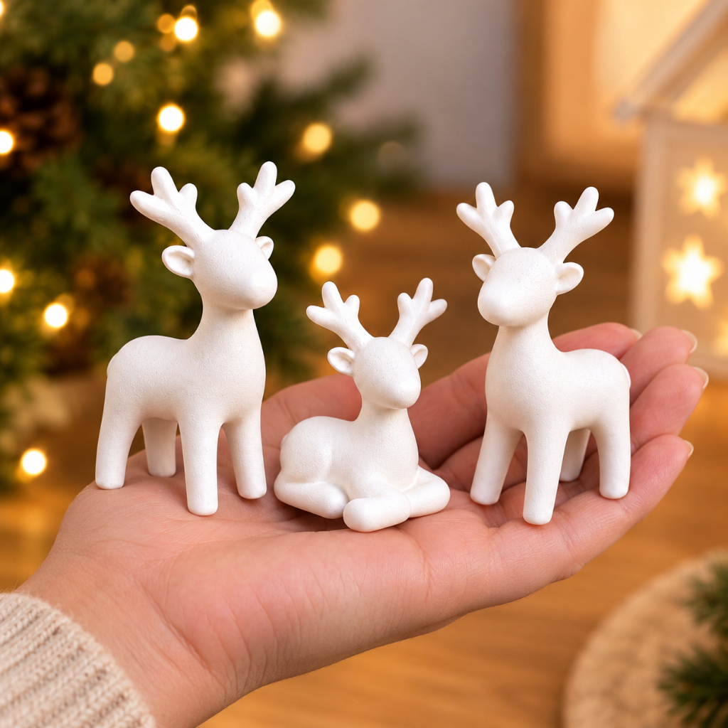 Kit 3 Mini Renas de Natal Decoração Moderna e Minimalista Enfeite de Mesa Sala Quarto Branco Rosa Dourado