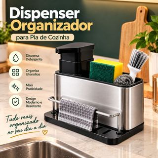 Organizador de Pia Inox com Dispenser Detergente Porta Esponja Escova Escorredor Suporte Multiuso