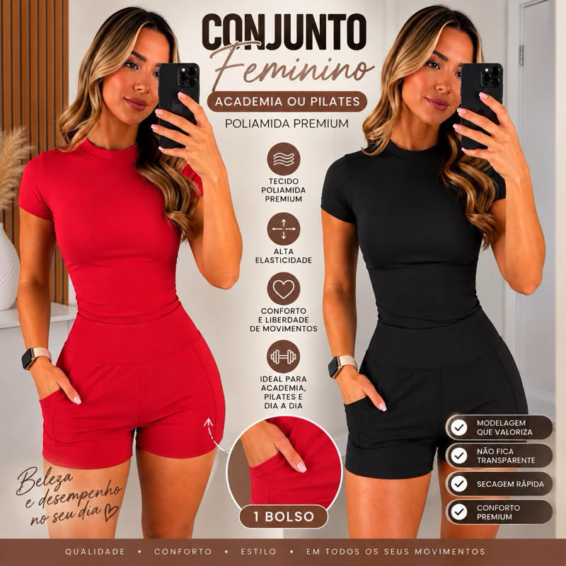Conjunto Academia feminino Pilates Poliamida Premium Zero transparência com 1 bolso - Moda Fitness Feminina