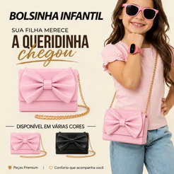Bolsinha Rosa Infantil de Laço Transversal Fecho Magnética Ombro a Ombro Corrente Dourada Menina