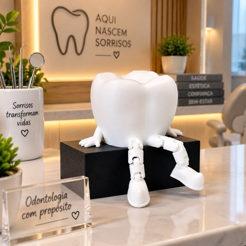 Dente Decorativo 3D com Perninhas Branco | Enfeite para Consultório Odontológico | Presente para Dentista