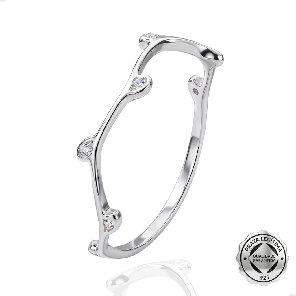 Anel Prata 925 Feminino Ramo com Mini Folhinhas Delicado