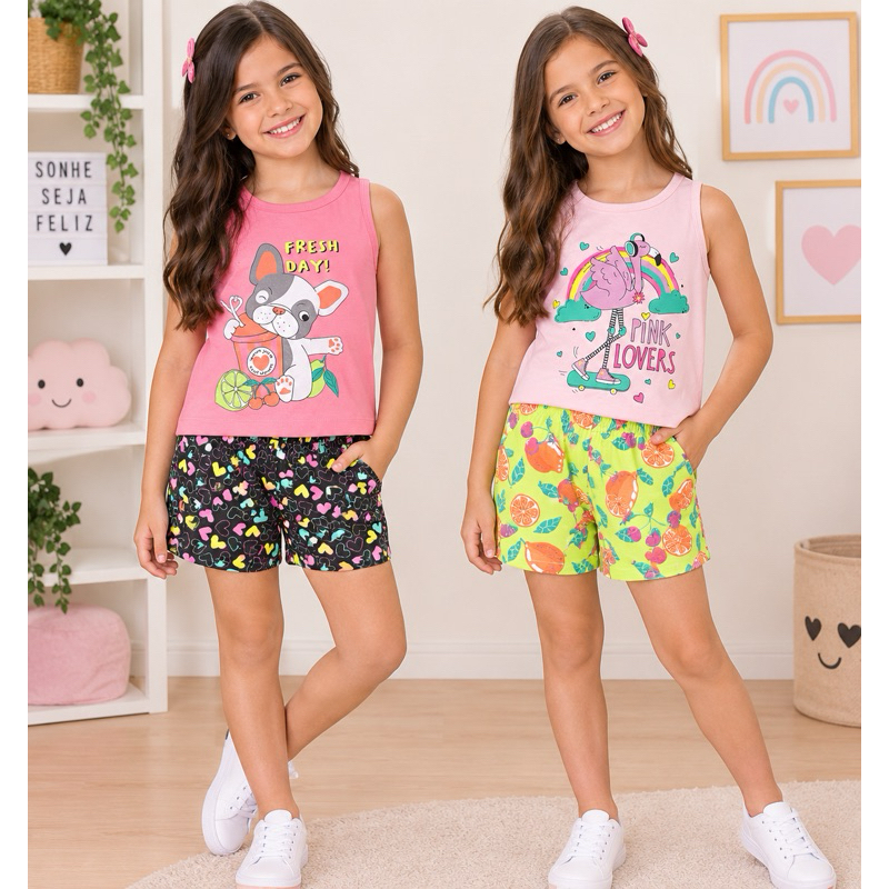 Conjunto short e regata infantil menina diversas estampas