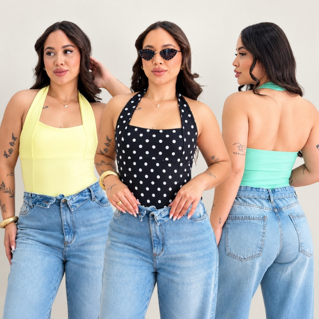 Blusa Top Halter Feminino Poá Poliamida Frente Única Cropped Justo Elástico Costas Regata Casual Verão