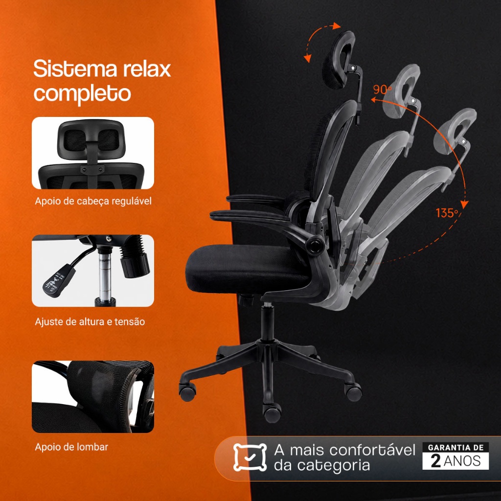 Cadeira Presidente Legacy Ergonômica Tela Mesh Apoio de Cabeça Ajustável Sistema Relax Suporta até 120kg Preto · foto 2