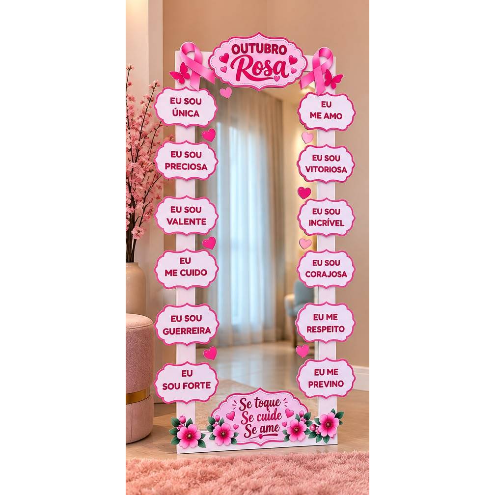 Decoração Outubro Rosa 🎀 Espelho Decorativo | Painel para Eventos, Igreja e Congressos