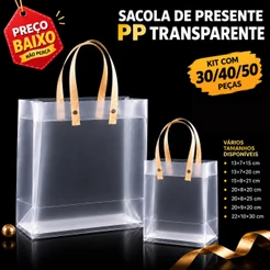 Kit 30/40/50 Sacolas de Presente PP Fosca Transparente Reforçada com Alça para Doces Lanches Bebidas e Lembrancinhas