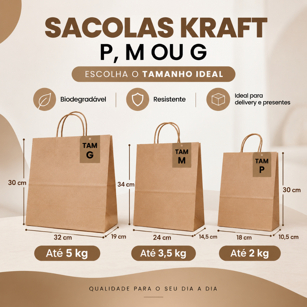Sacola De Papel 10 UNID Tam P M ou G Kraft Lisa Na Cor Pardo - Para Presente Delivery Food com Alça