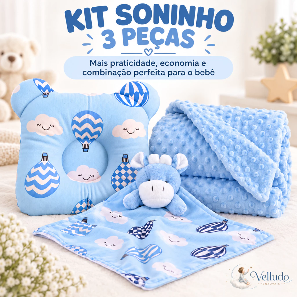 Kit Enxoval Bebê 3 Peças Manta Pipoquinha Naninha Porta-Chupeta Travesseiro Anatômico — imagem 1