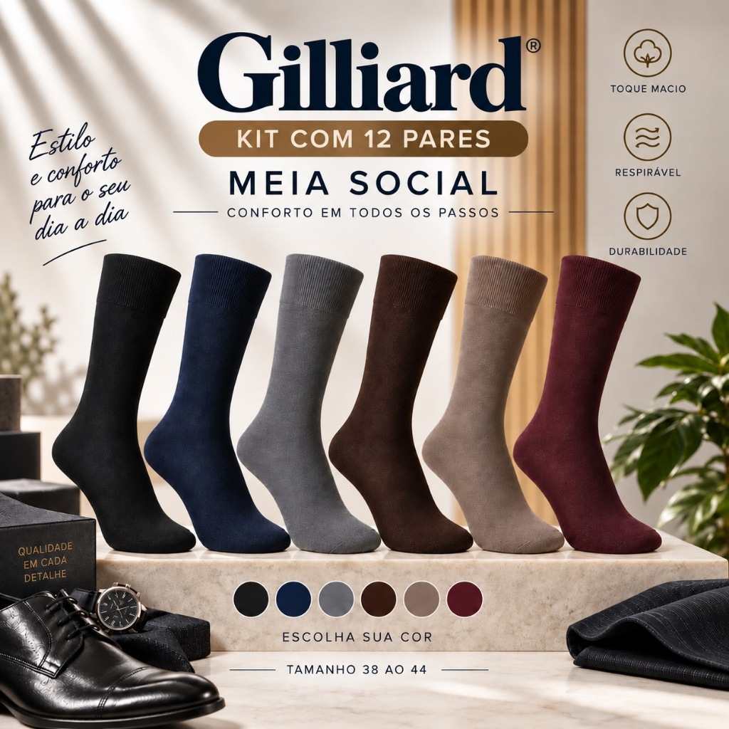 Meia Masculina Social Kit 12 Pares 38 ao 44 Preta ou Sortida Gillard