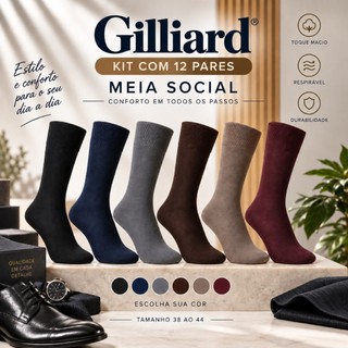 Meia Masculina Social Kit 12 Pares 38 ao 44 Preta ou Sortida Gillard