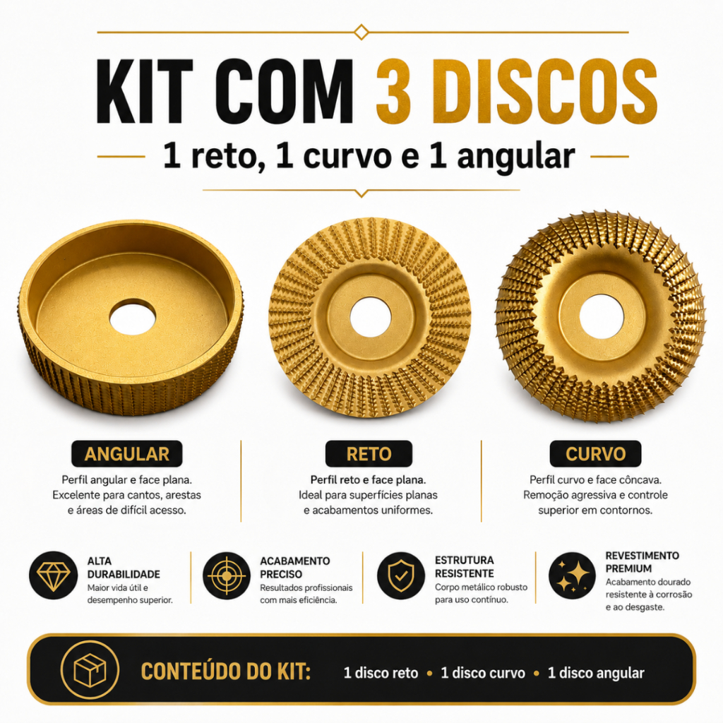 Kit 3 Discos Esculpir Madeira Reforçados Angular Reto Rebolo