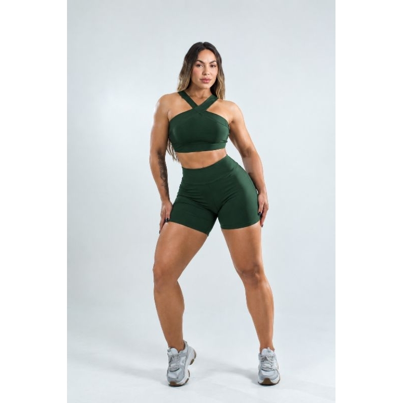 Conjunto Fitness Feminino Top Short Zero Transparência Alça Cruzada Sem Empina Sem Bojo Moda Fit Esportivo Academia
