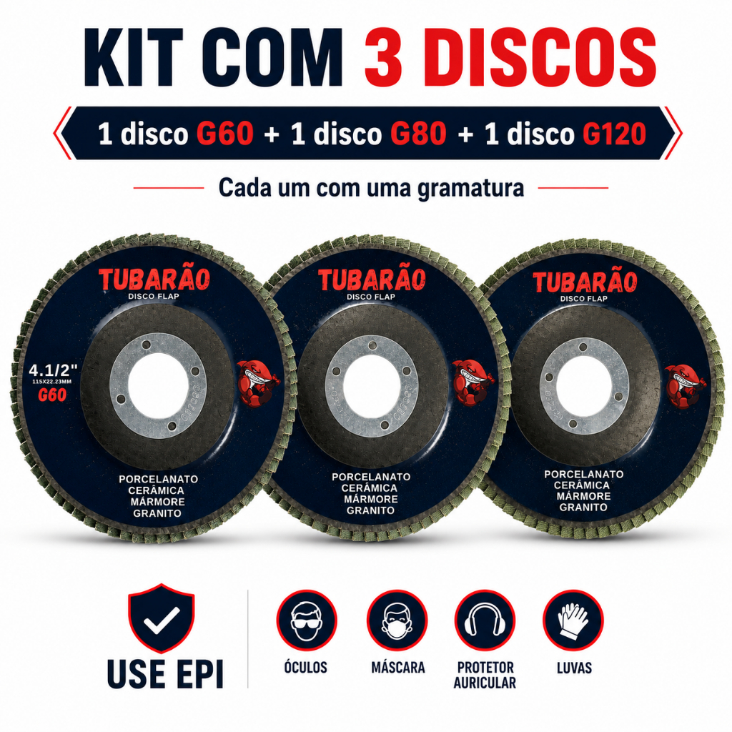 Disco Flap Porcelanato Reto 4.1/2'' Kit g60 g80 g120 - Tubarão