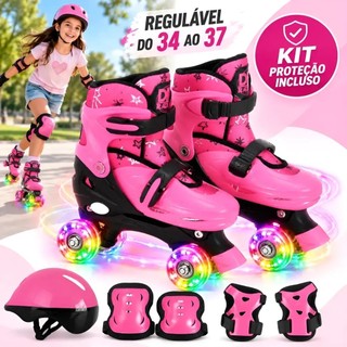 Patins Infantil Menina Ajustável Com Kit Proteção Completo Luz Led Nas 4 Rodas