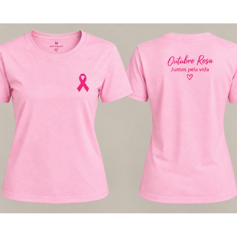 Camiseta Outubro Rosa Feminina Juntos Pela Vida | 100% Algodão | Camiseta Rosa com Laço | Campanha Outubro Rosa