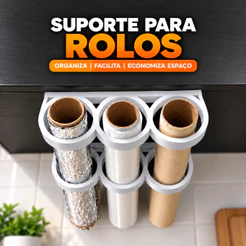 Suporte para Rolos de Cozinha 3 em 1 | Organizador para Papel Alumínio, Filme PVC e Papel Manteiga | Fita 3M
