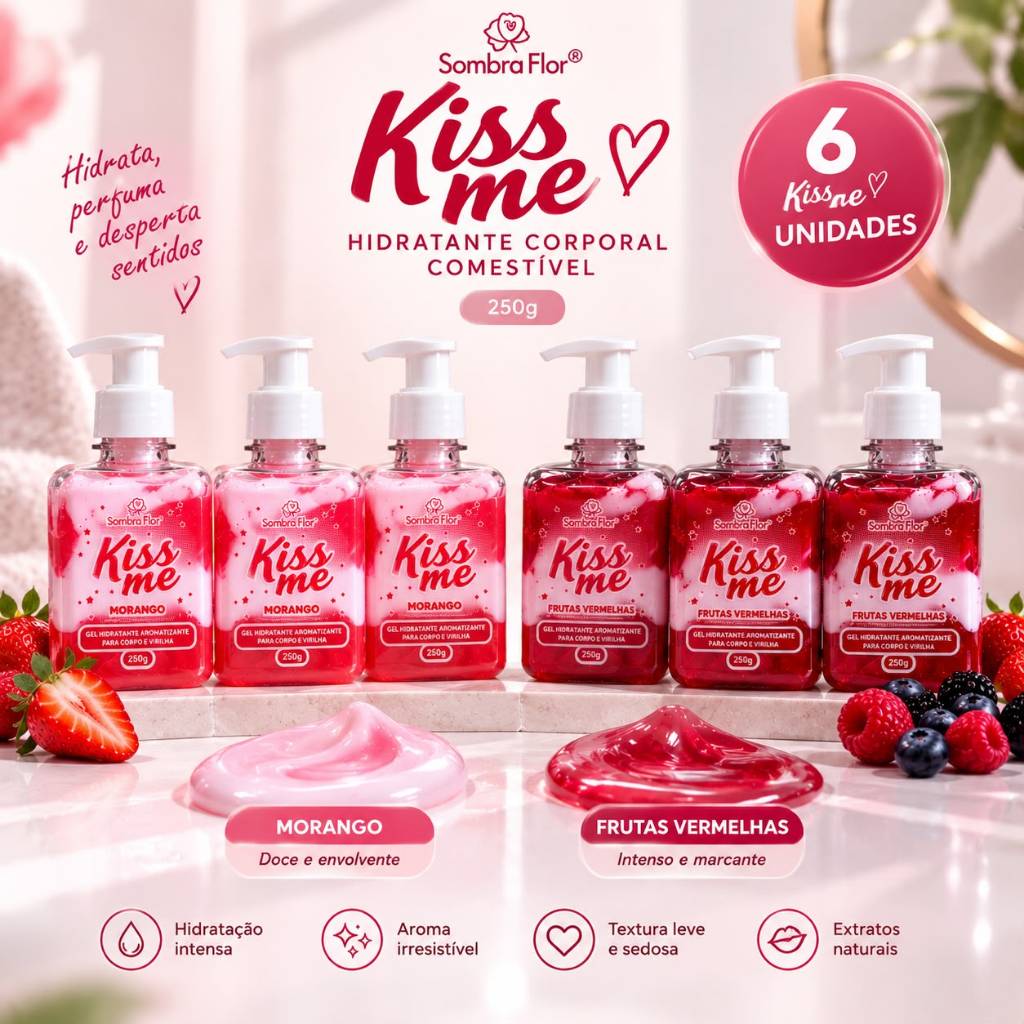 Kit 6 Sabonete Líquido Frutas Vermelhas 250g Hidratante Corporal Perfumado para Banho Atacado Kiss Me