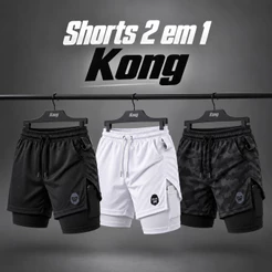 Bermuda Masculina 2 em 1 Academia Corrida Fitness Compressão com Bolso para Celular Kong