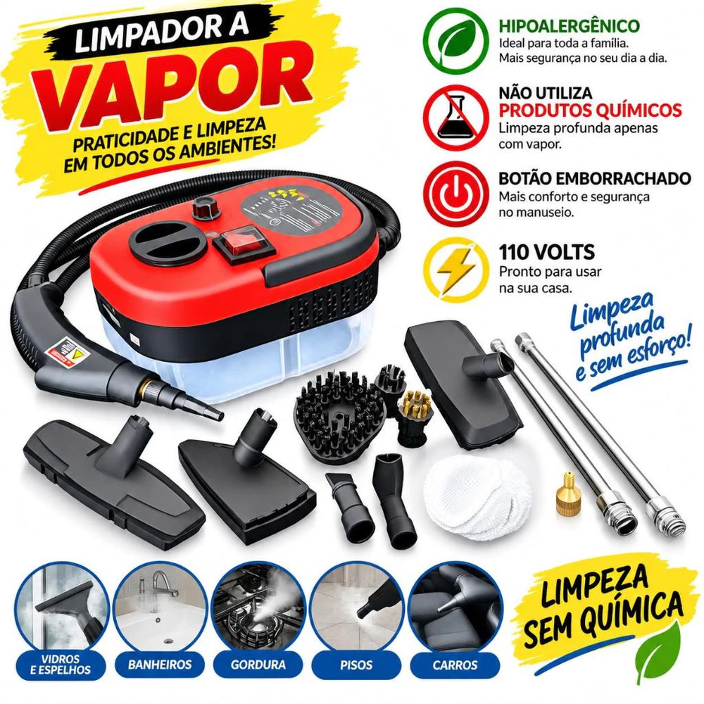 Limpador A Vapor Portatil Eletrico Com Fio 110v vermelho 1500w Higienizador Multiuso Casa E Estofados