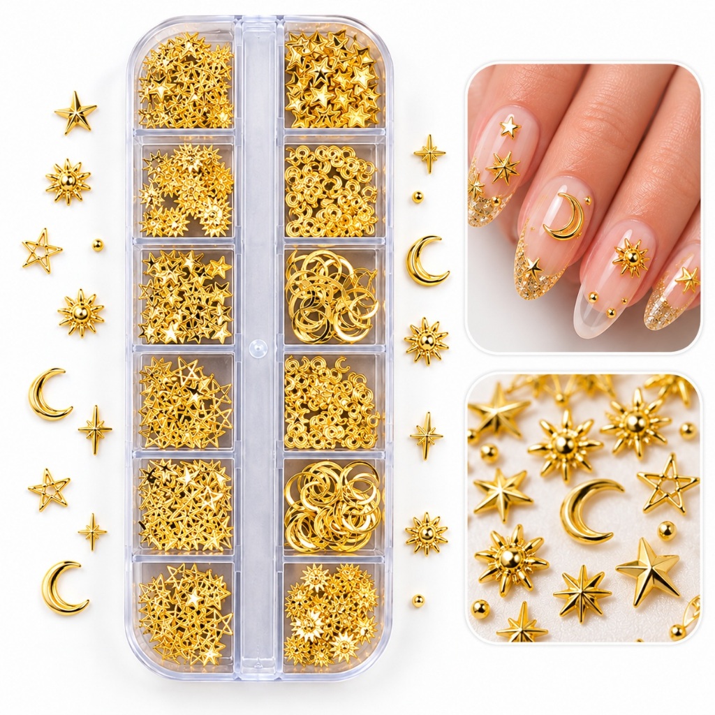 Caixa 12 Compartimentos Decoração para Unhas Dourada Estrela Lua Charms Nail Art 3D