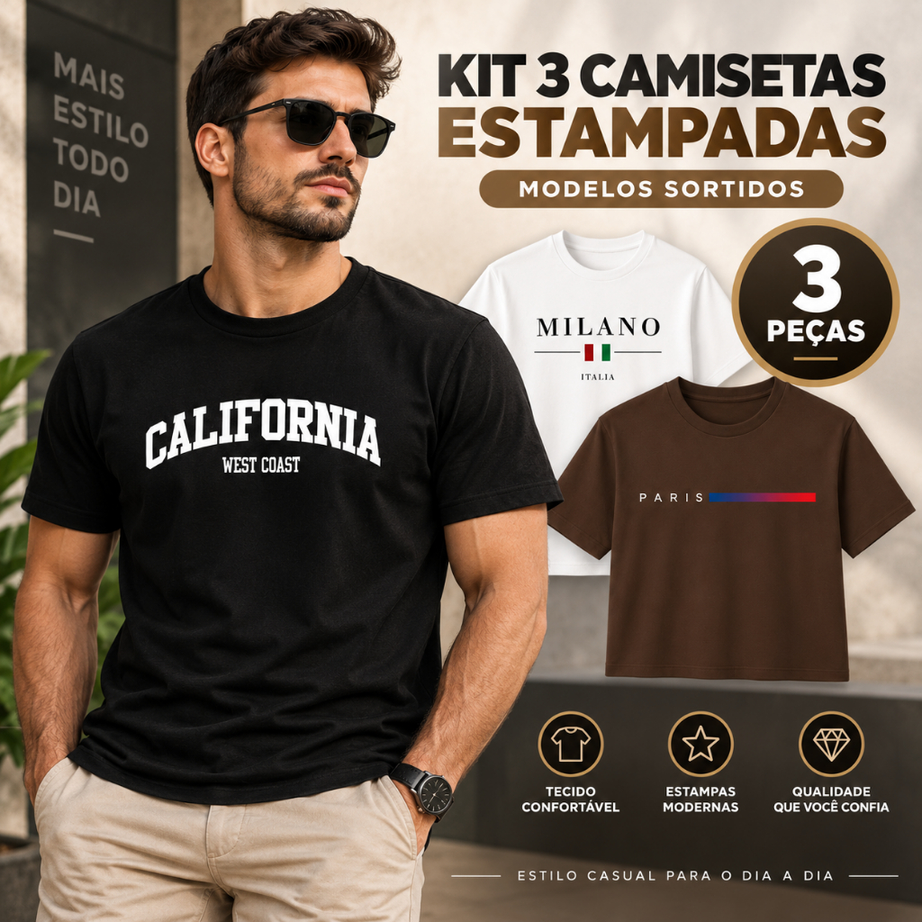 Kit 3 Camisetas Masculinas Streetwear Estampadas Milano Paris California Manga Curta Casual
