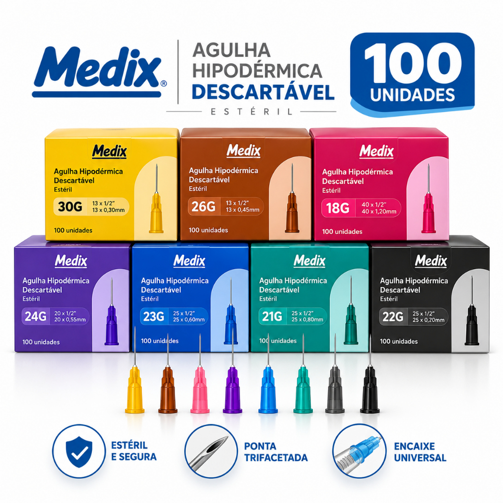 Agulha Hipodérmica Descartável Estéril Medix Caixa C/100 UN