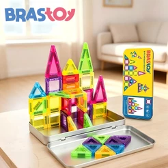 BRASTOY Kit de Blocos Magnéticos Transparentes Coloridos para Crianças 38 Peças Pequenas Embalagem de Lata Presente