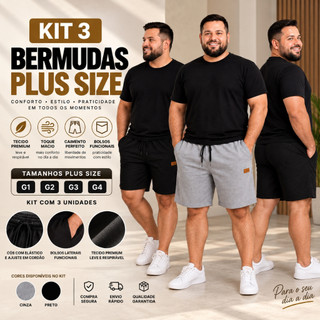 Kit 3 Bermudas Plus Size Masculina Moletinho Premium Com Bolso Cós Elástico Conforto Academia Praia Casual