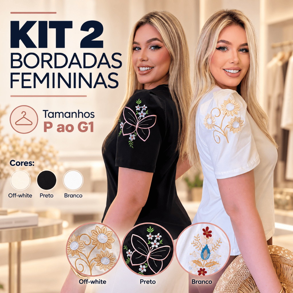Kit 2 Peças Blusas Bordadas Feminina Algodão com Elastano Princesa