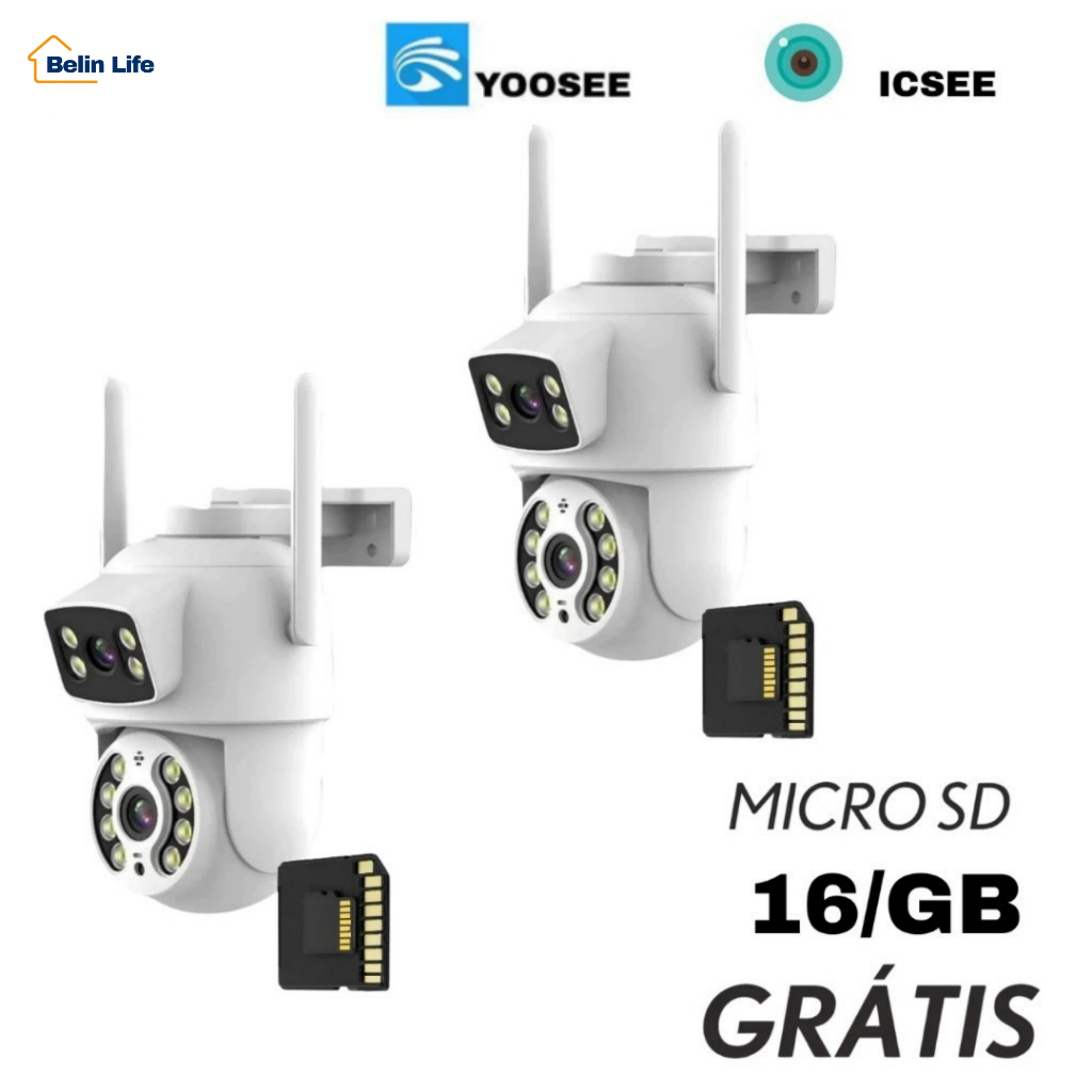 Kit 2 Câmeras de Segurança Wi-Fi Externas 360° IP66 Dupla Lente Visão Noturna com 2 MicroSD 16GB