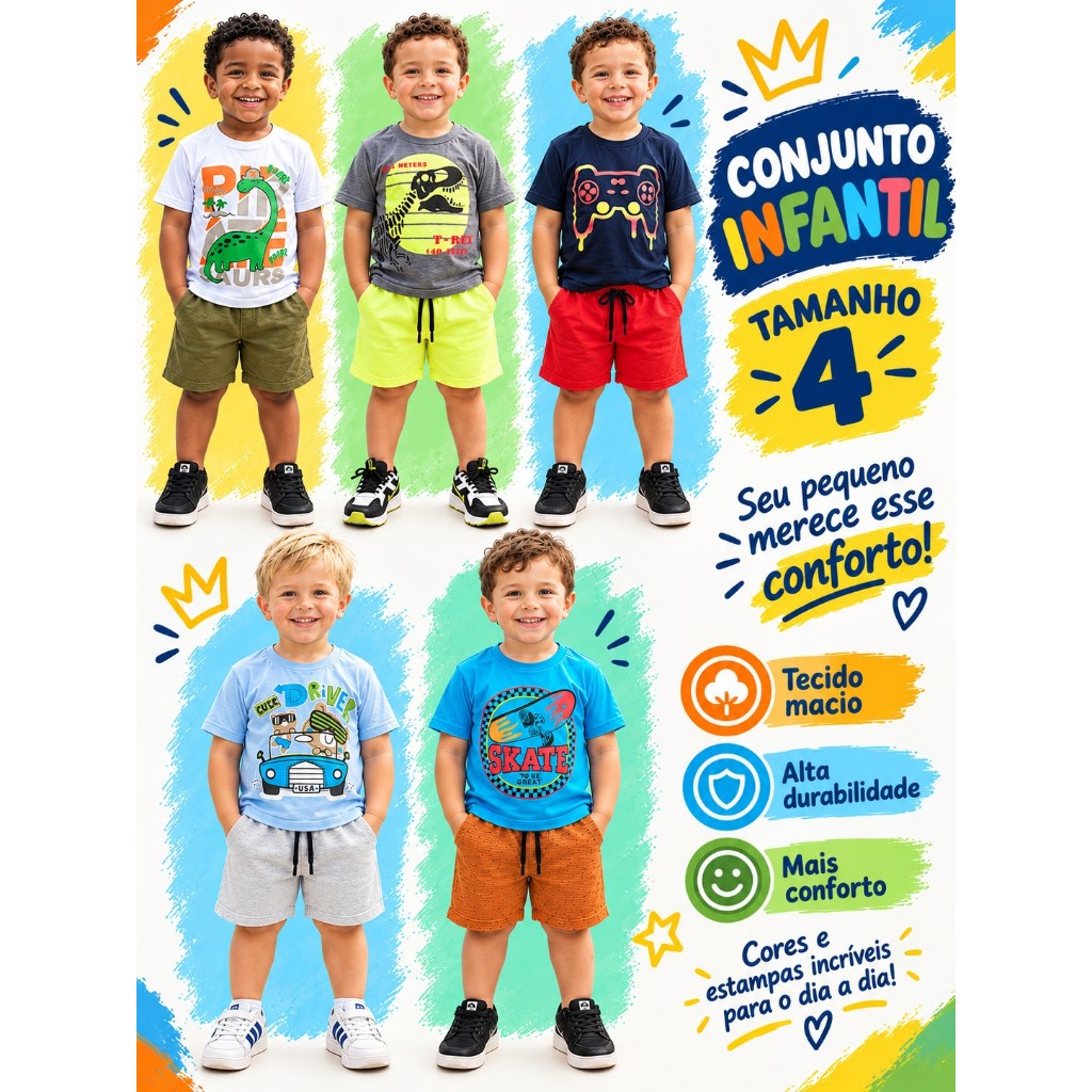 Conjunto Infantil Menino Tamanho 4 Algodão - Bermuda e Camiseta Verão - Estampas Divertidas