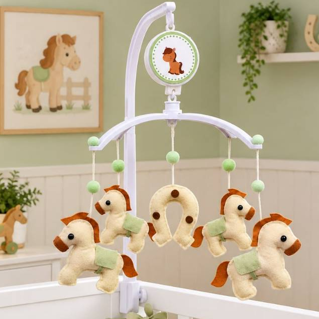 Móbile Cavalinho para Berço Musical Artesanal Infantil Bebê Menino Decoração Quarto Cavalos