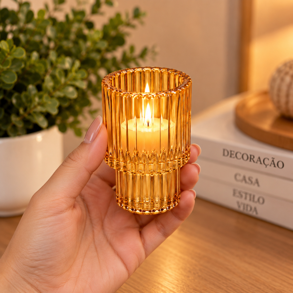 Porta Vela Decorativo de Vidro Âmbar Canelado 8x5cm para Mesa e Decoração / castisal