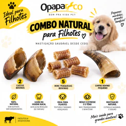 COMBO Filhote - Mordedor Natural Para Cães Filhote Opaparico - 2 Cascos Bovino + 1 Chifre Pequeno + 5 Mini Traqueia