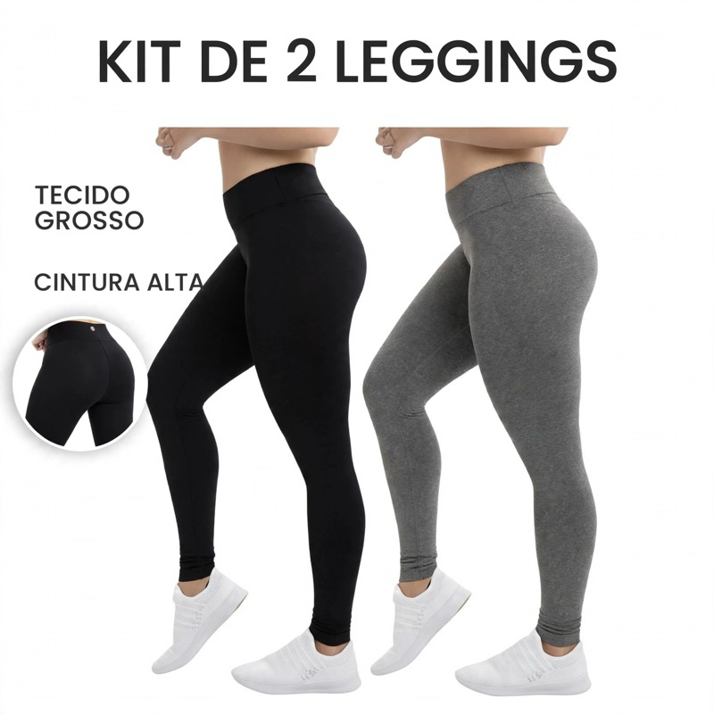 Kit 2 Calças Leggings Feminina Cintura Alta Zero Transparência Academia Fitness Tecido Grosso