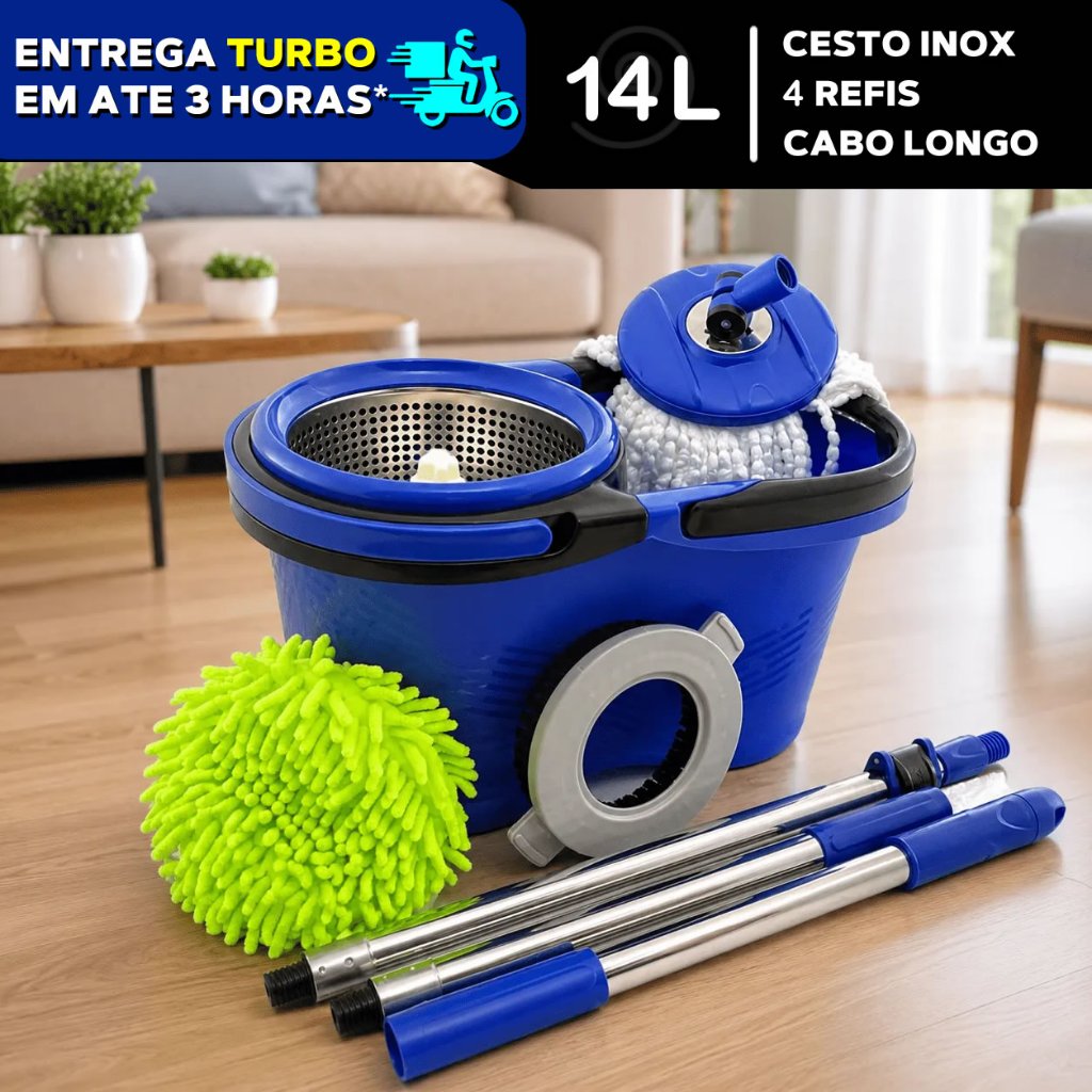 Esfregão Perfect Flash Mop Giratório Inox 360 Balde Grande 14l Com 4 Refis Acessorios Rodo Limpeza