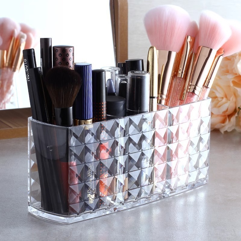 Organizador de Maquiagem Acrílico Transparente Porta Pincéis Cosméticos com 3 Divisórias Diamante