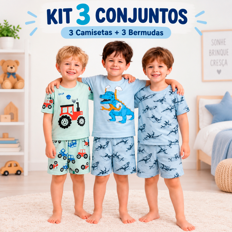 Kit 3 Conjunto Infantil Menino 3 Camisetas + 3 Bermudas 1 A 3 Anos Masculino Confortável Poliéster