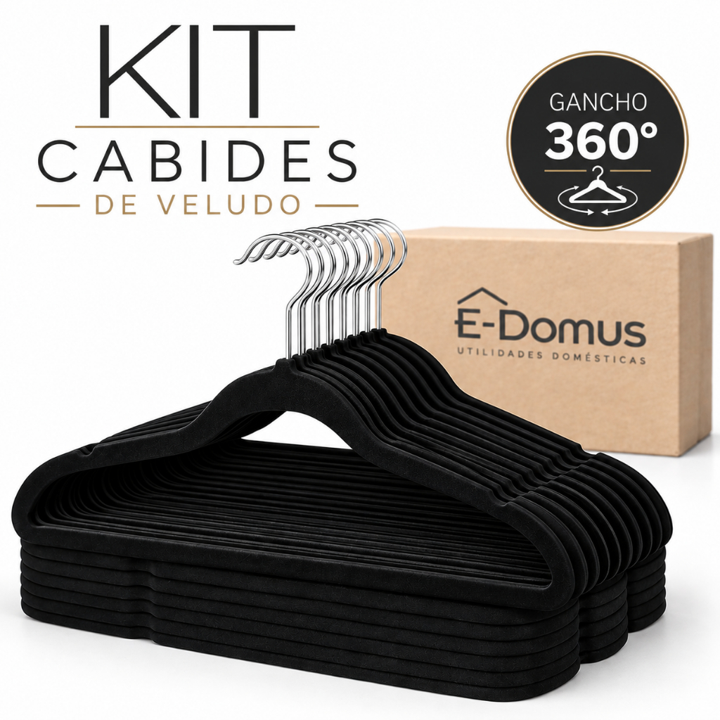 Kit Cabides Adulto Veludo Roupa Antideslizante Ultrafino Preto Edomus Gancho 360 Slim Altamente Resistente Calças Camisa