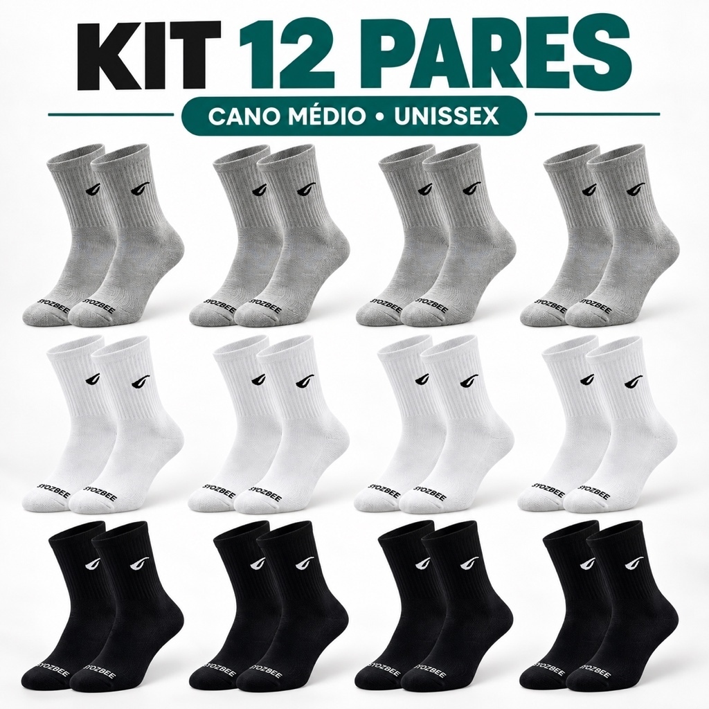 Kit 12 Pares de Meias Cano Médio Unissex Algodão Dia a Dia 34/39 39/43 Syozbee