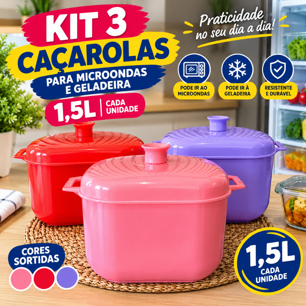 Jogo 3 Panelas Caçarola Para Microondas Freezer 1,5 Litros Plástico Cores