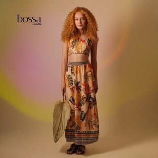 Lovito Bossa Conjunto de Top Cropped e Saia Midi com Fenda e Estampa Boho Tropical KSB864BRL894