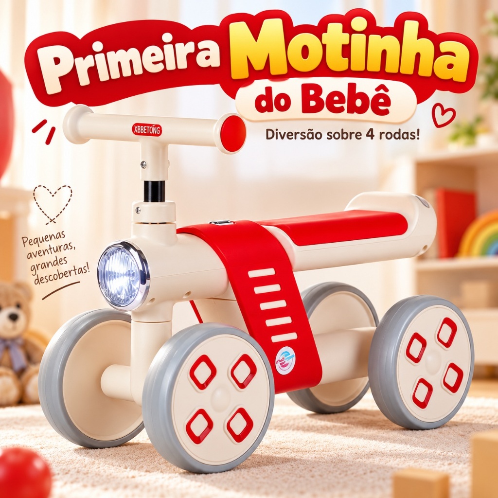 Bicicleta de Equilíbrio Infantil 4 Rodas Sem Pedal Motoca Andador Bebê com Luz Vermelha