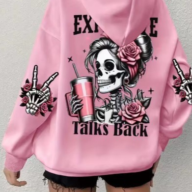 Moletom Canguru Algodão Confortável Mulher Caveira Rosas Paz Amor Tendência Novo Premium Unissex